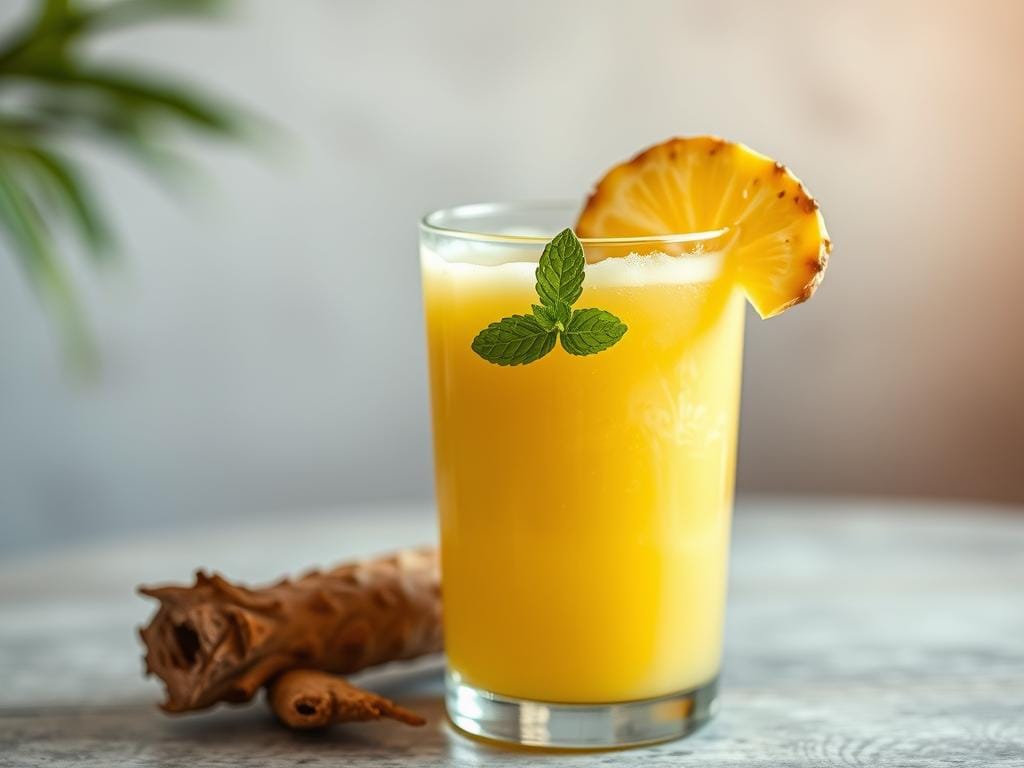 Suco de abacaxi com maca peruana e hortelã